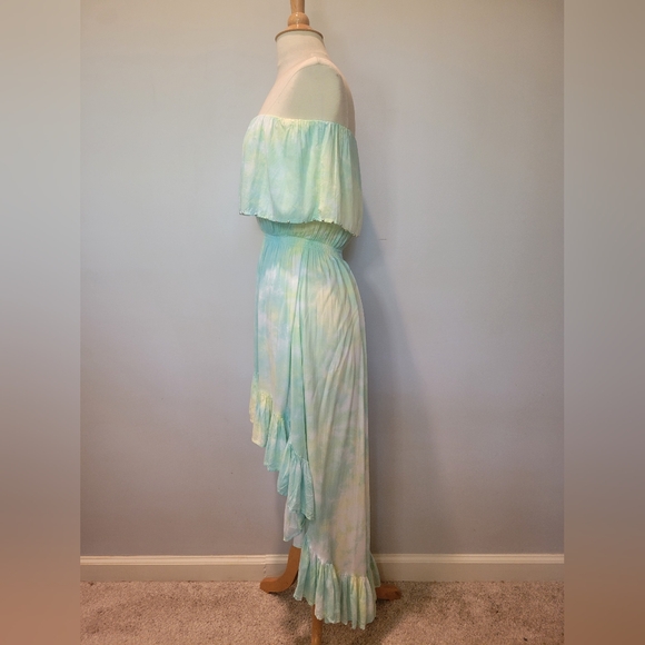 Tiare Hawaii Aqua & Green Tie Dye Strapless High-Low Ruffle Dress OS - Picture 4 of 9